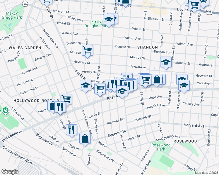map of restaurants, bars, coffee shops, grocery stores, and more near 2714 Kiawah Avenue in Columbia