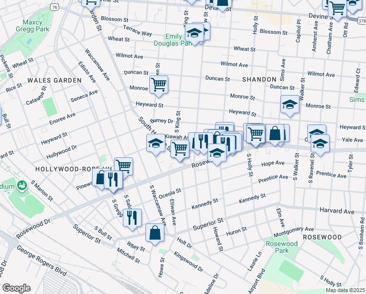 map of restaurants, bars, coffee shops, grocery stores, and more near 2612 Kiawah Avenue in Columbia