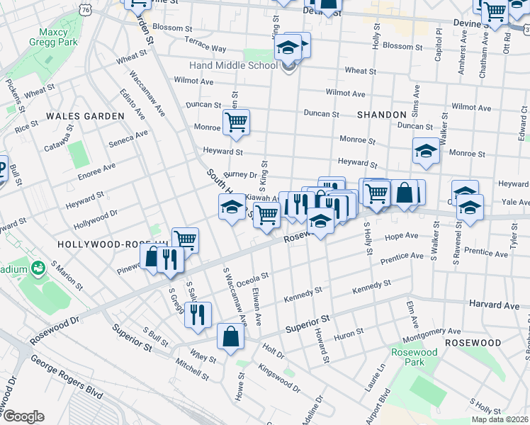 map of restaurants, bars, coffee shops, grocery stores, and more near 2612 Kiawah Avenue in Columbia
