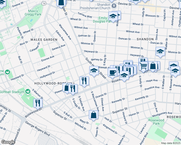 map of restaurants, bars, coffee shops, grocery stores, and more near 2131 Kiawah Avenue in Columbia