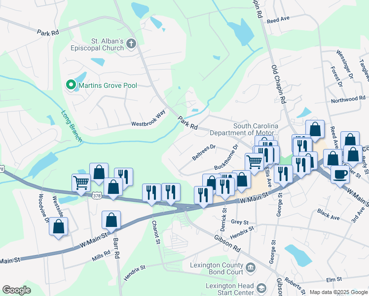 map of restaurants, bars, coffee shops, grocery stores, and more near 200 Westbrook Way in Lexington