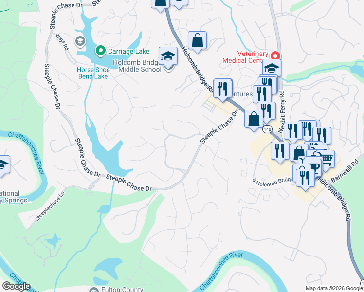 map of restaurants, bars, coffee shops, grocery stores, and more near 8595 Haven Wood Trail in Roswell