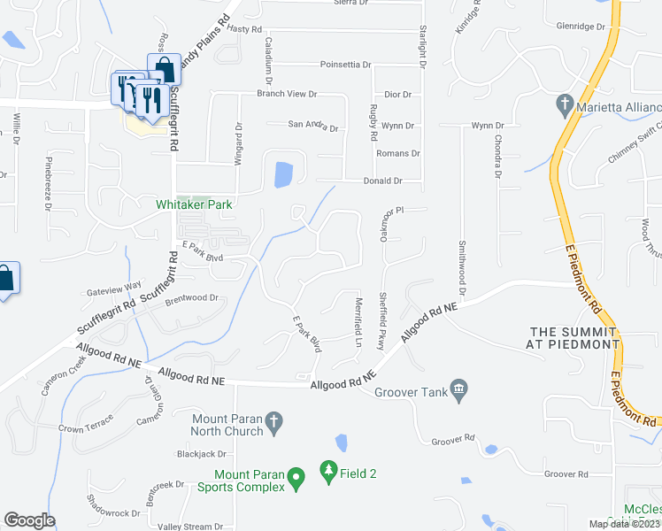 map of restaurants, bars, coffee shops, grocery stores, and more near 1549 Tappahannock Trail in Marietta