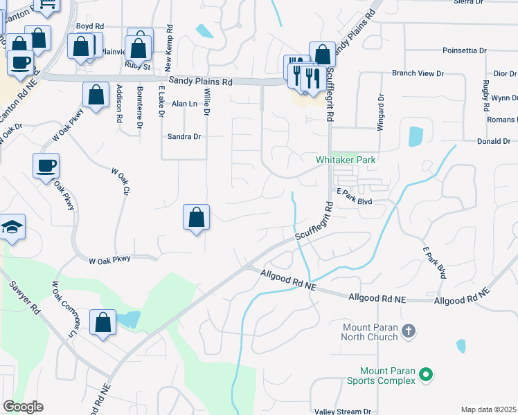 map of restaurants, bars, coffee shops, grocery stores, and more near 1414 Glenover Circle in Marietta