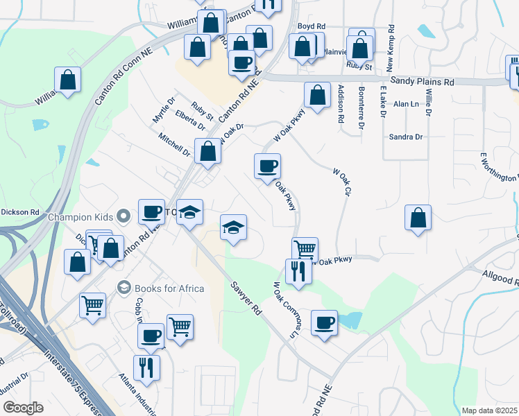 map of restaurants, bars, coffee shops, grocery stores, and more near 1528 Kings Road in Marietta