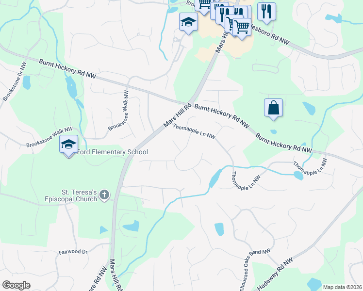 map of restaurants, bars, coffee shops, grocery stores, and more near 1377 Peppergrass Trail Northwest in Acworth
