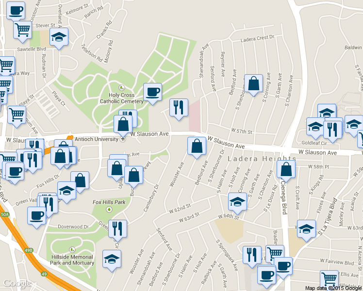 map of restaurants, bars, coffee shops, grocery stores, and more near 5607 Canterbury Drive in Culver City