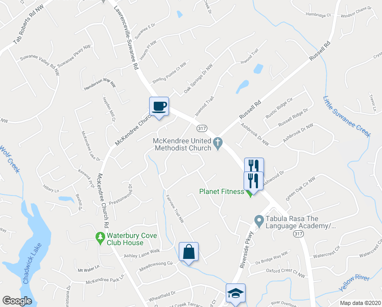 map of restaurants, bars, coffee shops, grocery stores, and more near 1002 Brighton Drive Northwest in Lawrenceville