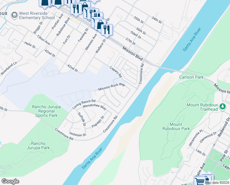 map of restaurants, bars, coffee shops, grocery stores, and more near 5201 Westerfield Street in Riverside