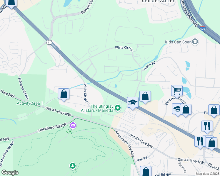 map of restaurants, bars, coffee shops, grocery stores, and more near 747 Trevett Way in Marietta