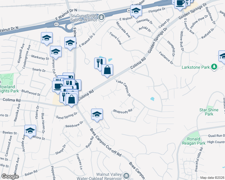 map of restaurants, bars, coffee shops, grocery stores, and more near 20071 Emerald Meadow Drive in Walnut