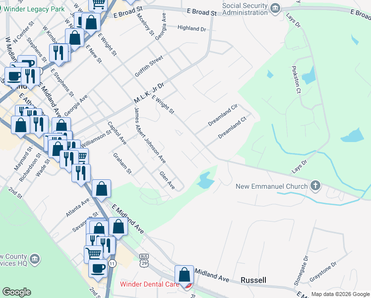 map of restaurants, bars, coffee shops, grocery stores, and more near 401 Harpy Eagle Drive in Winder