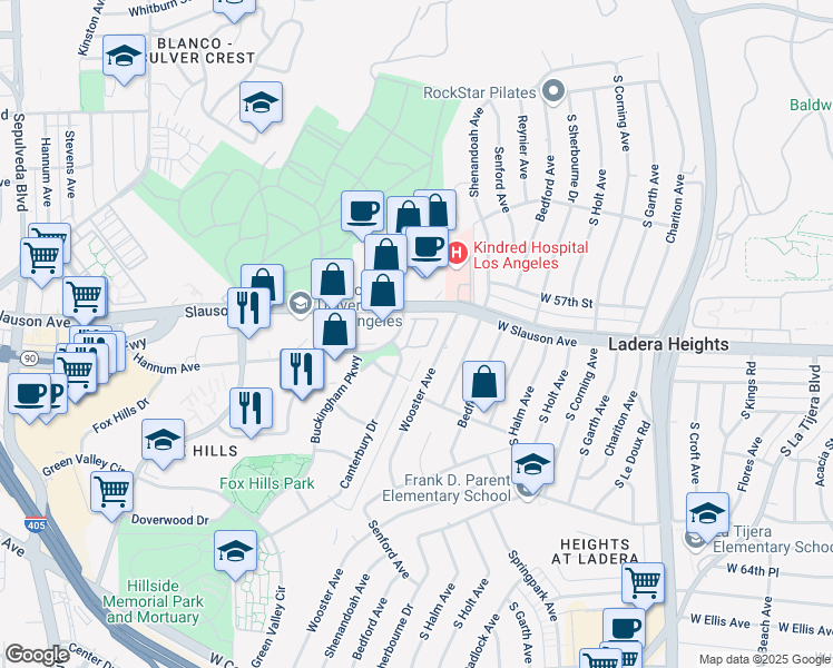 map of restaurants, bars, coffee shops, grocery stores, and more near 5723 Canterbury Drive in Culver City