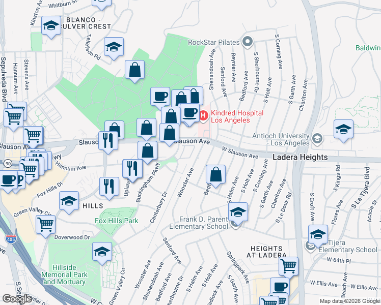 map of restaurants, bars, coffee shops, grocery stores, and more near 5607 Canterbury Drive in Culver City