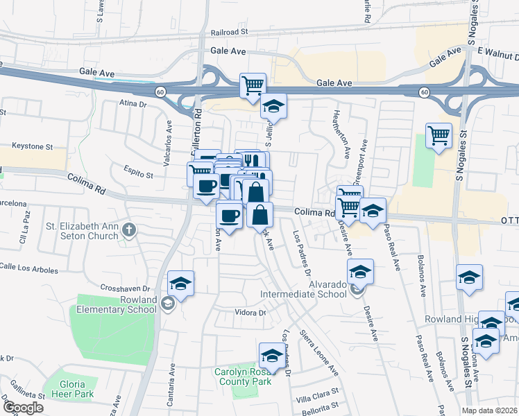 map of restaurants, bars, coffee shops, grocery stores, and more near Colima Road in ROWLAND HGHTS
