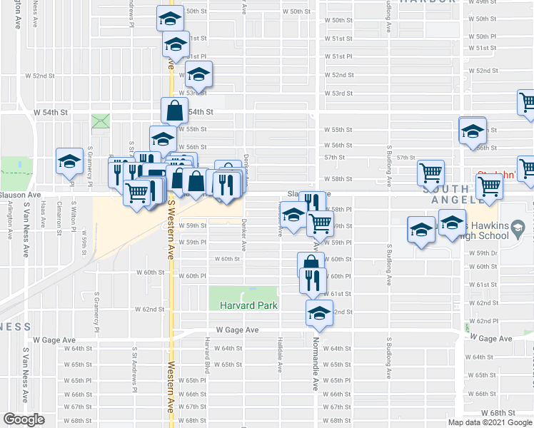 map of restaurants, bars, coffee shops, grocery stores, and more near 1522 West 58th Place in Los Angeles