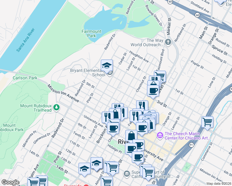 map of restaurants, bars, coffee shops, grocery stores, and more near 3438 Locust Street in Riverside