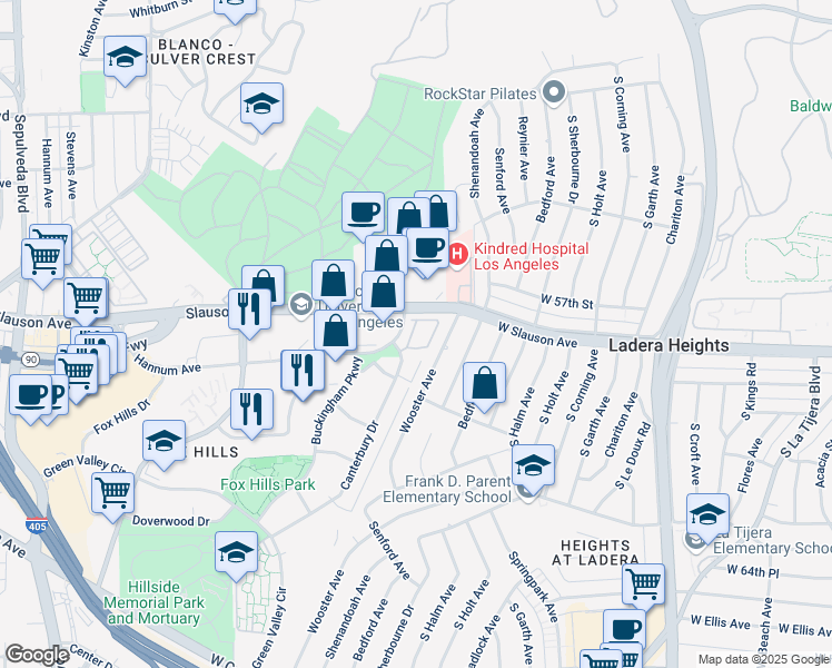 map of restaurants, bars, coffee shops, grocery stores, and more near 5723 Canterbury Drive in Culver City