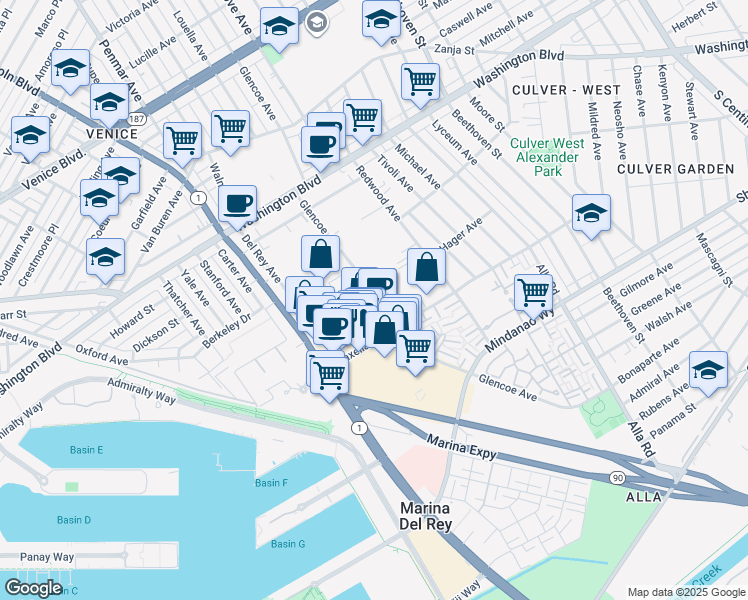 map of restaurants, bars, coffee shops, grocery stores, and more near 4212 1/2 Glencoe Avenue in Marina del Rey