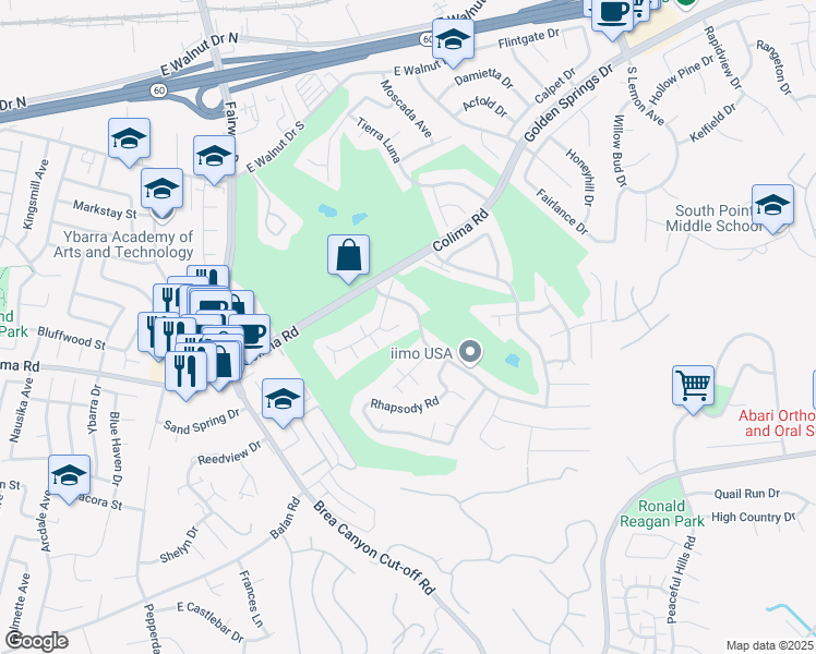 map of restaurants, bars, coffee shops, grocery stores, and more near 20128 Candleflame Court in Walnut
