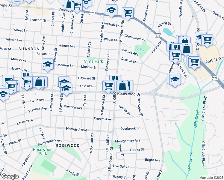 map of restaurants, bars, coffee shops, grocery stores, and more near 3706 Yale Avenue in Columbia