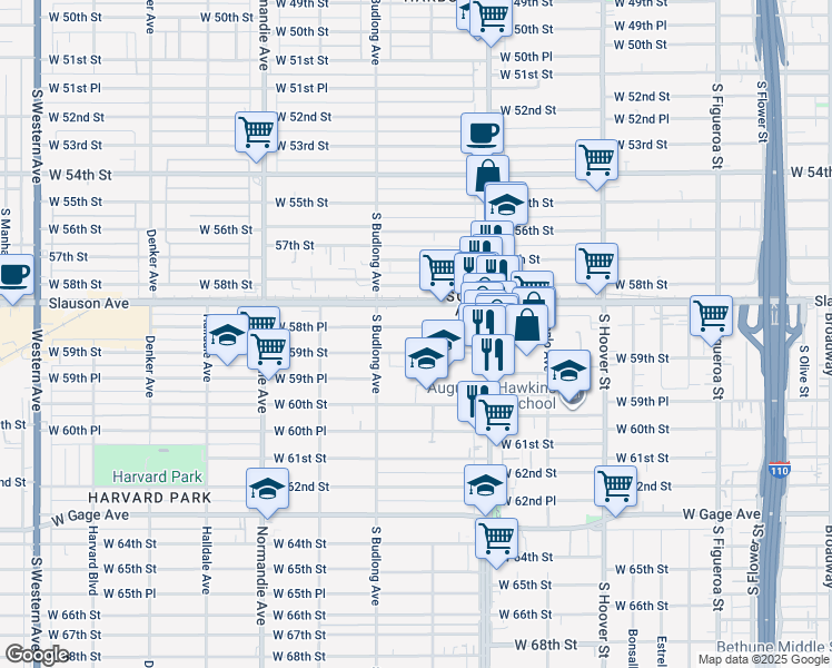 map of restaurants, bars, coffee shops, grocery stores, and more near 1116 West 58th Place in Los Angeles