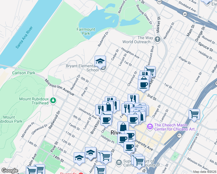 map of restaurants, bars, coffee shops, grocery stores, and more near 3438 Locust Street in Riverside
