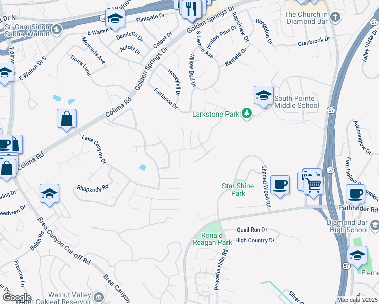 map of restaurants, bars, coffee shops, grocery stores, and more near 20598 Shepherd Hills Drive in Walnut