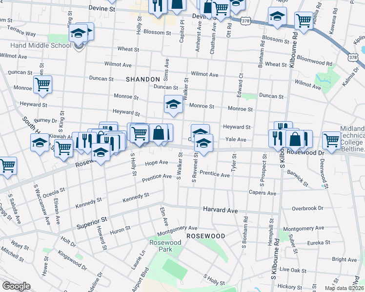 map of restaurants, bars, coffee shops, grocery stores, and more near 3210 Cannon Street in Columbia