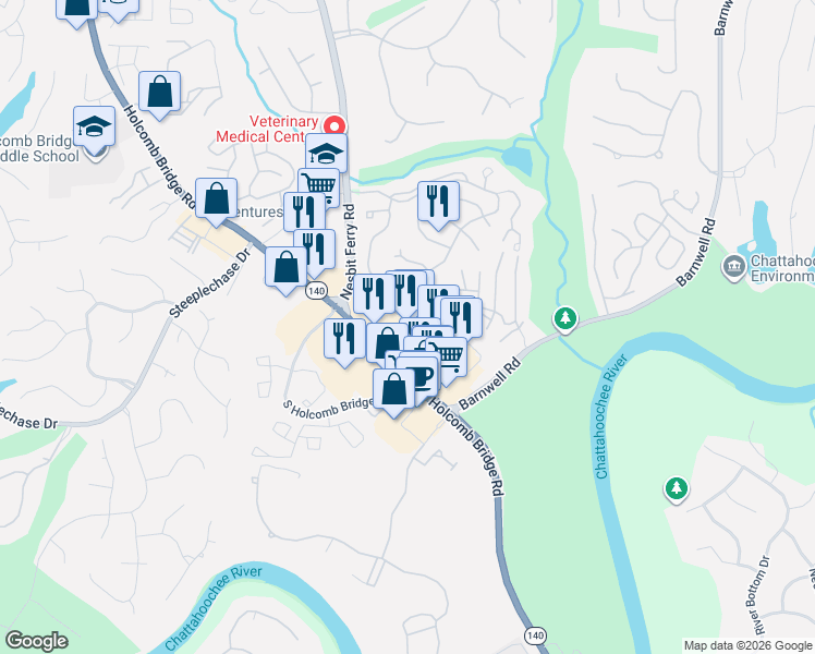 map of restaurants, bars, coffee shops, grocery stores, and more near 8465 Holcomb Bridge Road in Alpharetta