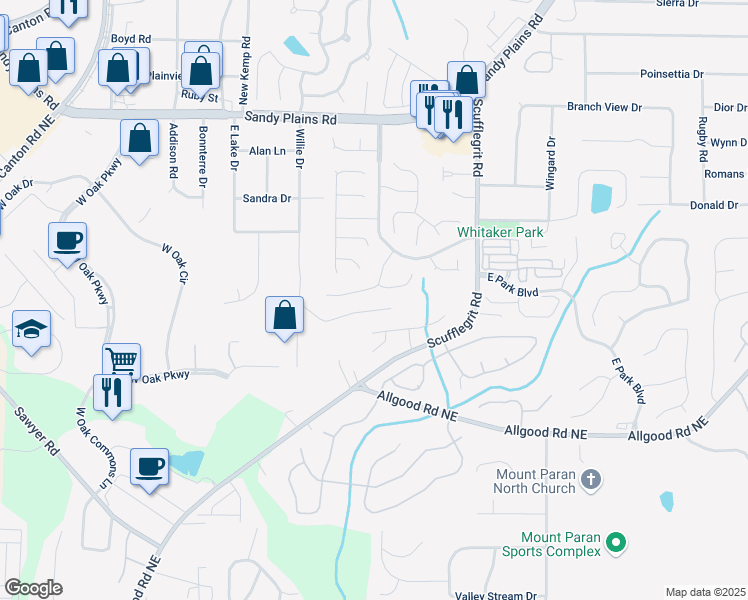 map of restaurants, bars, coffee shops, grocery stores, and more near 1414 Glenover Circle in Marietta
