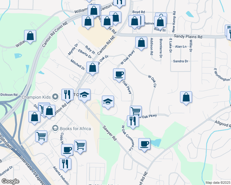 map of restaurants, bars, coffee shops, grocery stores, and more near 1528 Kings Road in Marietta
