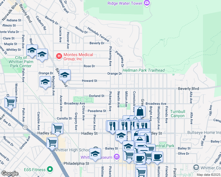 map of restaurants, bars, coffee shops, grocery stores, and more near Beverly Boulevard & Pickering Avenue in Whittier