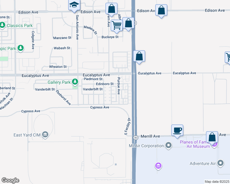 map of restaurants, bars, coffee shops, grocery stores, and more near 14556 Manchester Avenue in Chino