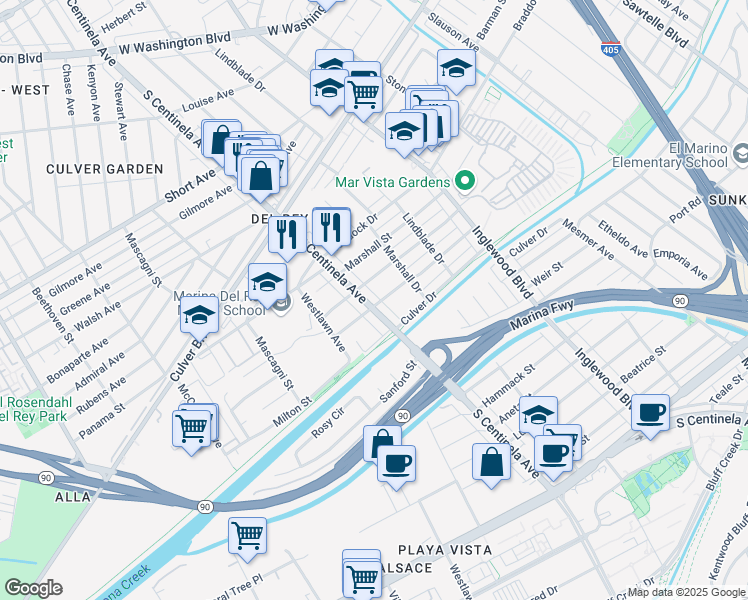 map of restaurants, bars, coffee shops, grocery stores, and more near 4922 South Centinela Avenue in Los Angeles