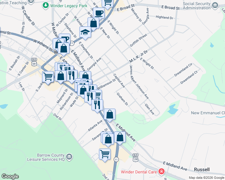 map of restaurants, bars, coffee shops, grocery stores, and more near 86 Elm Street in Winder