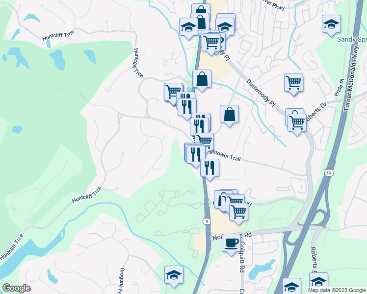map of restaurants, bars, coffee shops, grocery stores, and more near 8592 Roswell Road in Atlanta
