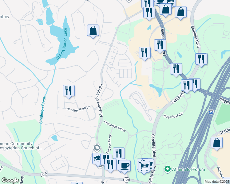 map of restaurants, bars, coffee shops, grocery stores, and more near 2300 Meadow's End in Duluth