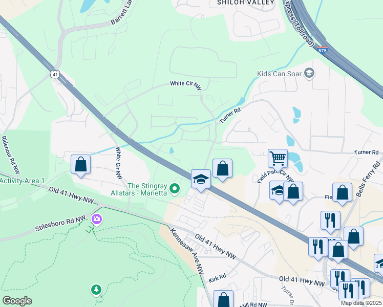 map of restaurants, bars, coffee shops, grocery stores, and more near 1458 Cobb Parkway North in Marietta