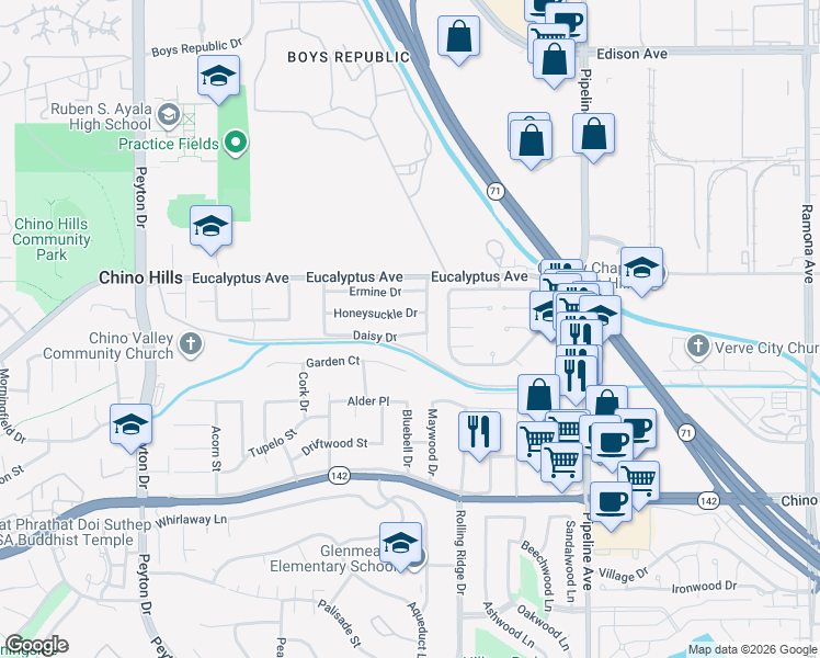 map of restaurants, bars, coffee shops, grocery stores, and more near 3796 Daisy Drive in Chino Hills