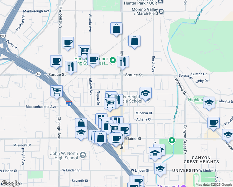 map of restaurants, bars, coffee shops, grocery stores, and more near 2671 Iowa Avenue in Riverside