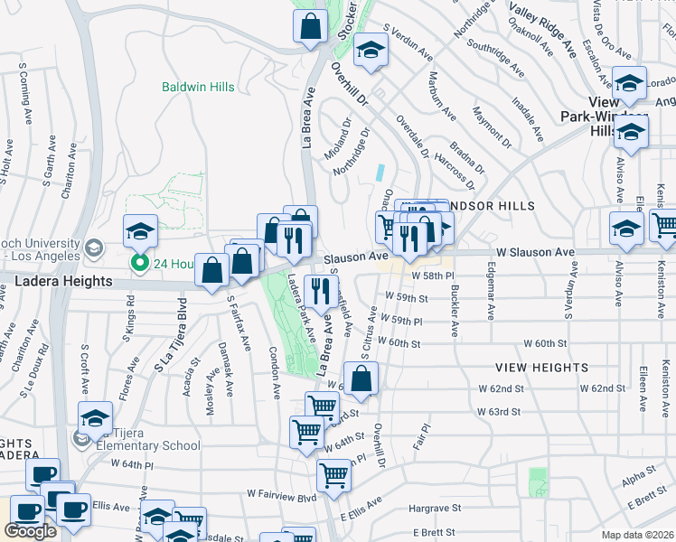 map of restaurants, bars, coffee shops, grocery stores, and more near 5820 South Mansfield Avenue in View Park-Windsor Hills