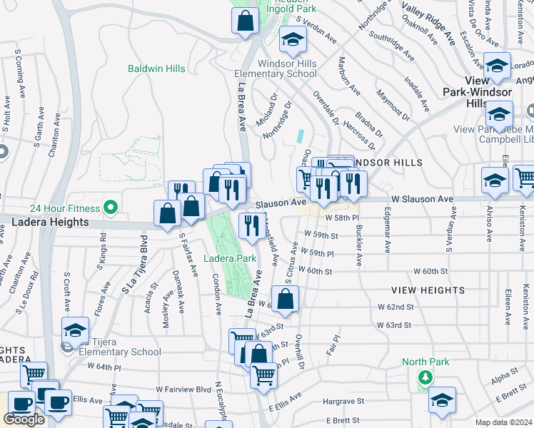 map of restaurants, bars, coffee shops, grocery stores, and more near 5820 South Mansfield Avenue in View Park-Windsor Hills
