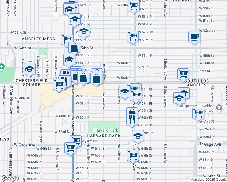 map of restaurants, bars, coffee shops, grocery stores, and more near 1522 West 58th Place in Los Angeles