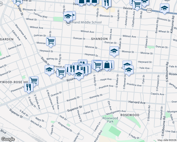 map of restaurants, bars, coffee shops, grocery stores, and more near 2901 Rosewood Drive in Columbia
