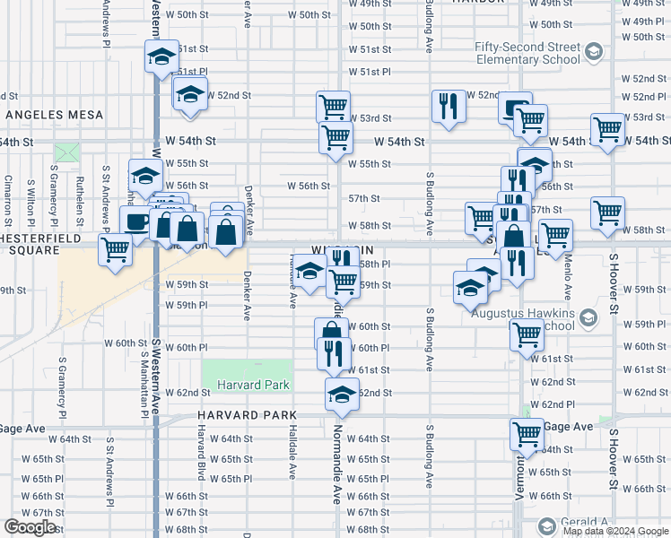 map of restaurants, bars, coffee shops, grocery stores, and more near 5851 Normandie Avenue in Los Angeles