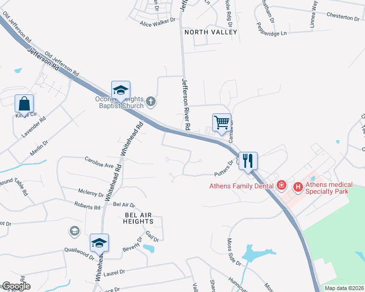 map of restaurants, bars, coffee shops, grocery stores, and more near 251 Firefighter Court in Athens