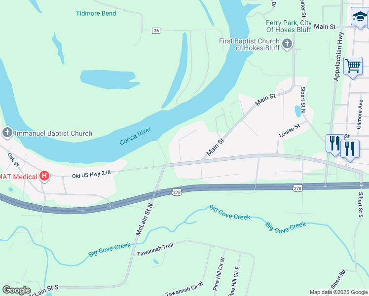 map of restaurants, bars, coffee shops, grocery stores, and more near 3539 Brockhill Drive in Gadsden