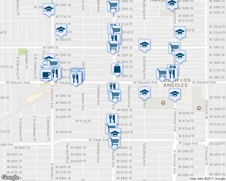 map of restaurants, bars, coffee shops, grocery stores, and more near 5851 Normandie Avenue in Los Angeles