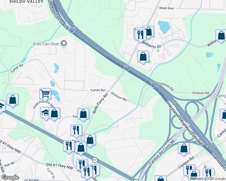 map of restaurants, bars, coffee shops, grocery stores, and more near 1521 Bells Ferry Road in Marietta